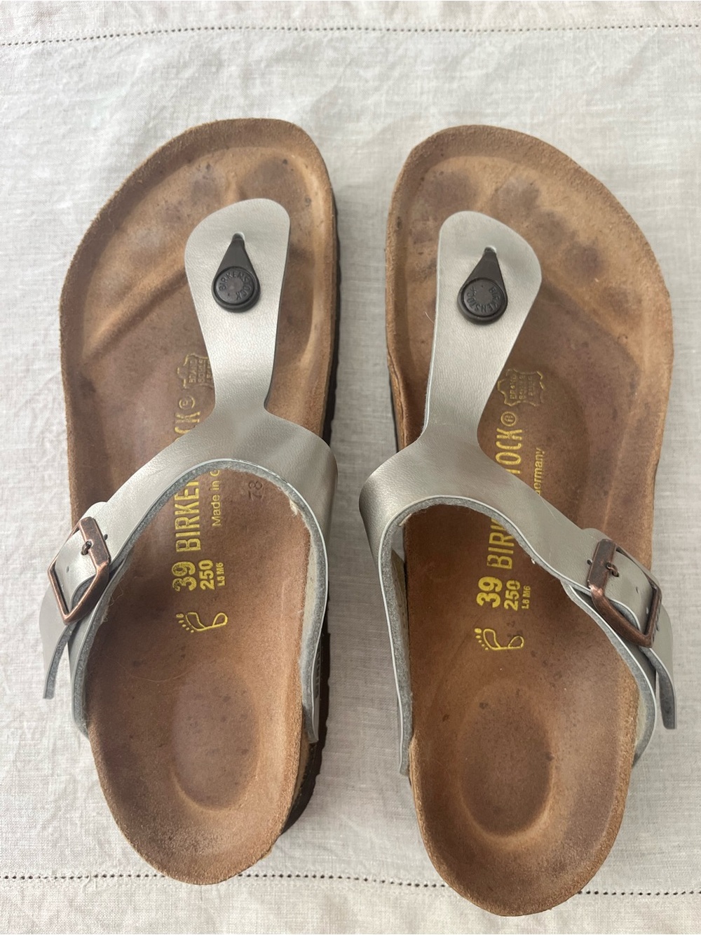 Birkenstock Gizeh Silver Metallic Thong Sandals - Women's size 39